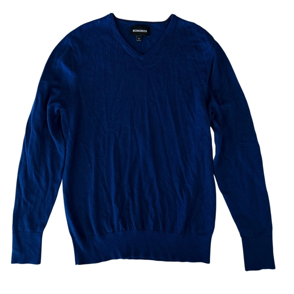 Bonobos Men's Medium 100% Merino‎ Wool Sweater Blue V-Neck Preppy Pullover